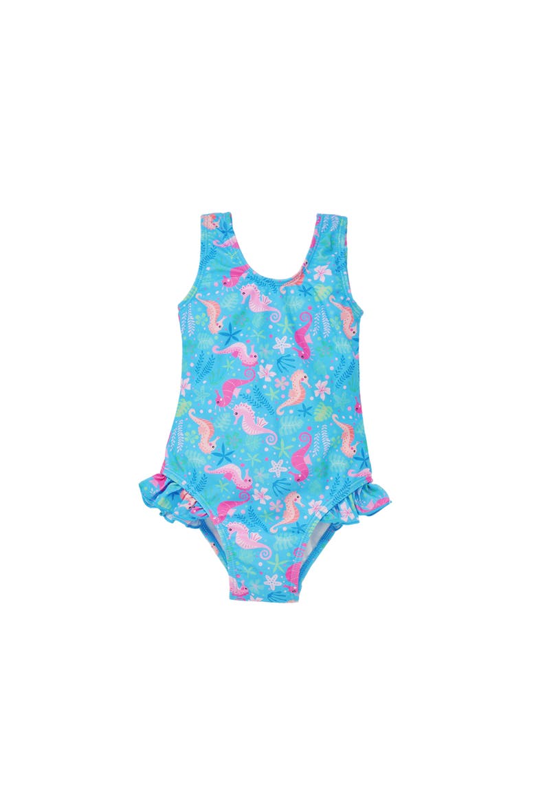 Infant & Toddlers Sun Protective UPF 50+ Delaney Hip Ruffle Swimsuit, Main, color, Seahorse Garden