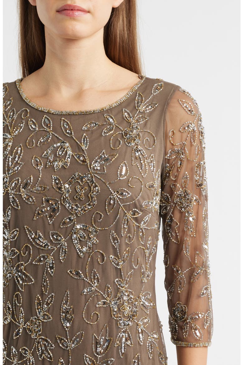 Floral Beaded Tulle Gown, Alternate, color, MOCHA