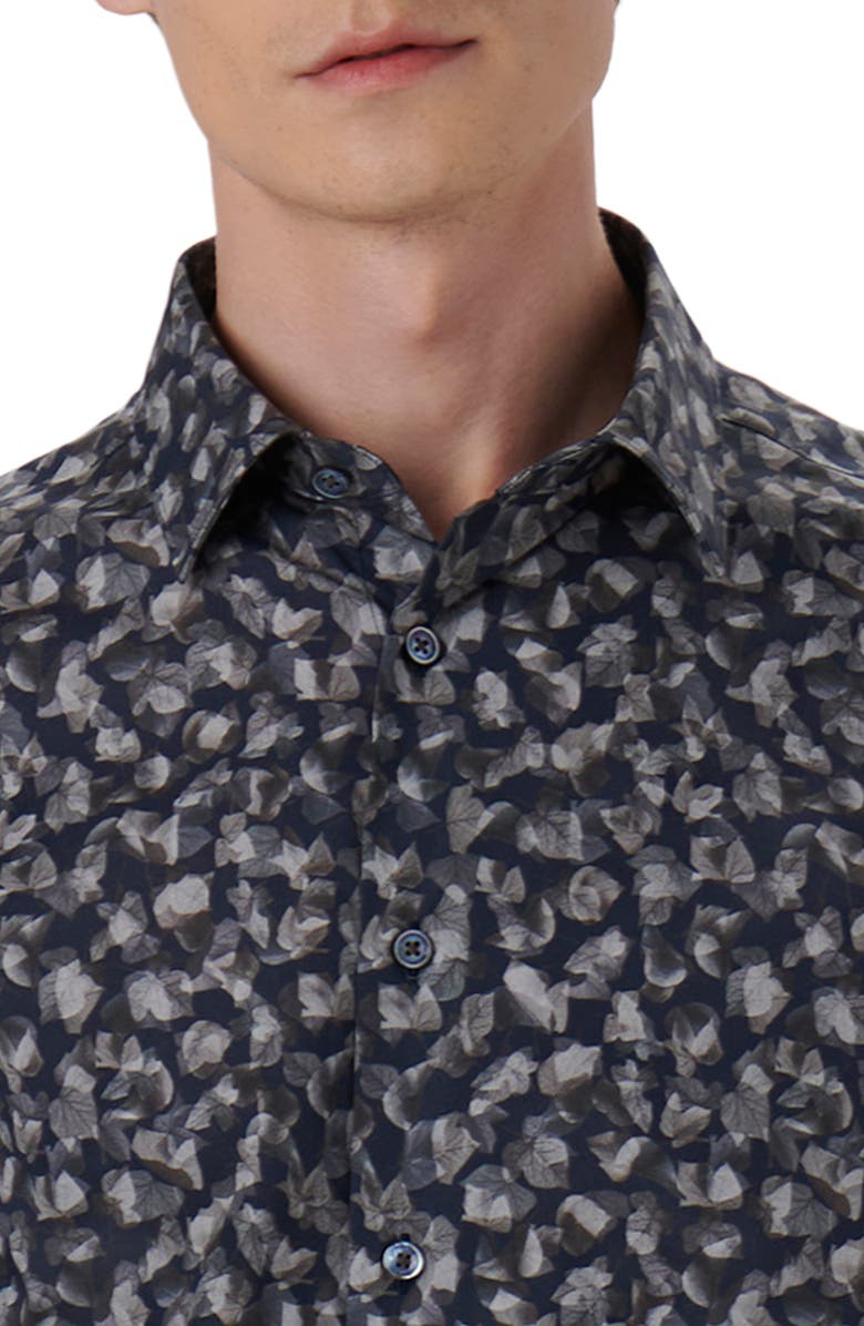 Julian Shaped Fit Leaf Print Stretch Cotton Button-Up Shirt