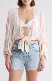 Elan Yarn Stripe Tie Front Cover-Up Top