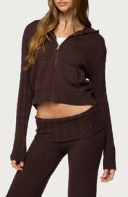EDIKTED Lula Cable Knit Hooded Zip-Up Cardigan