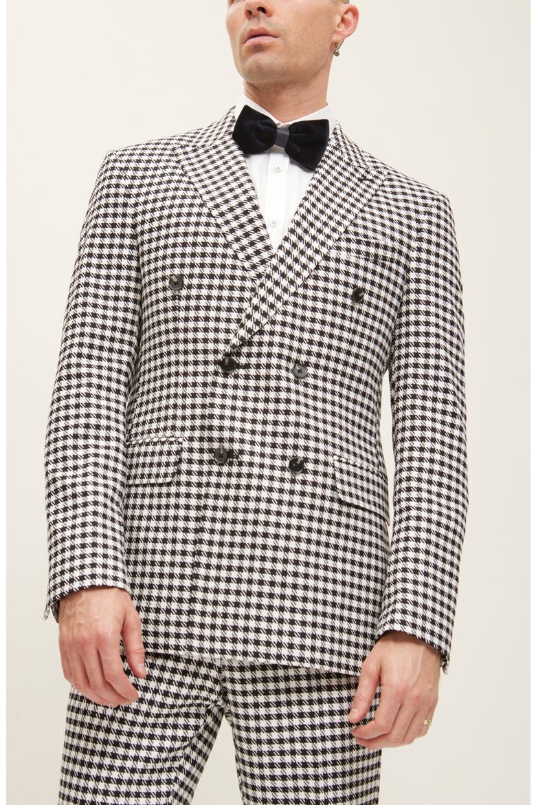 Trim Fit Check Print Peak Lapel Double Breasted Suit, Alternate, color, BLACK WHITE BLACK