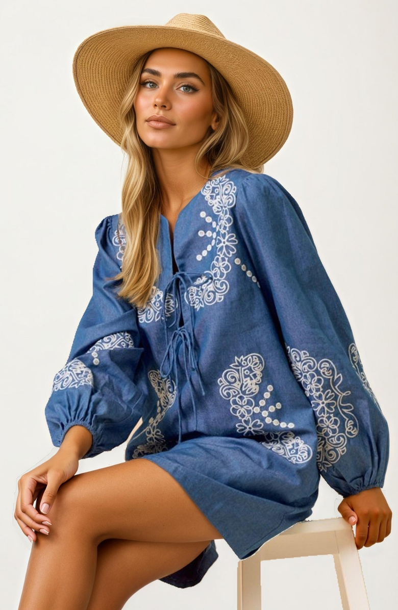 Knit and Lounge Embroidered Chambray Mini Dress, Alternate, color, Chambray Blue