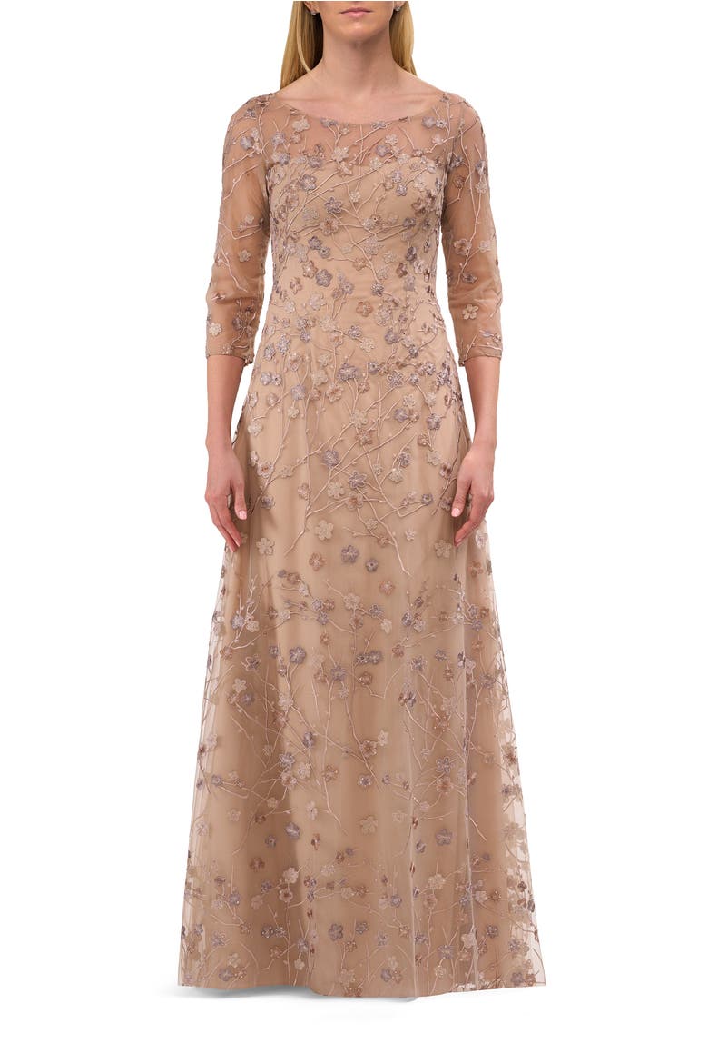 Floral Long Gown with Illusion Neckline and Three Quarter Sleeves, Main, color, Cocoa