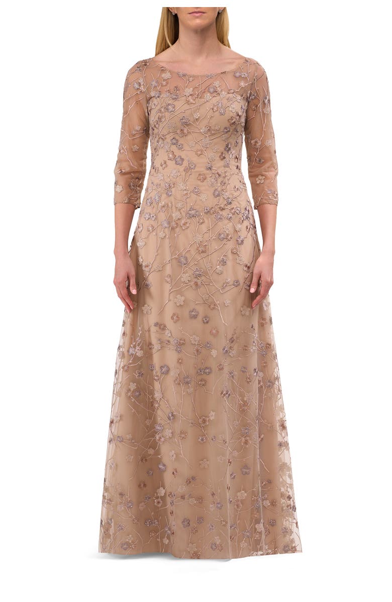 La Femme Floral Long Gown with Illusion Neckline and Three Quarter Sleeves, Main, color, Cocoa