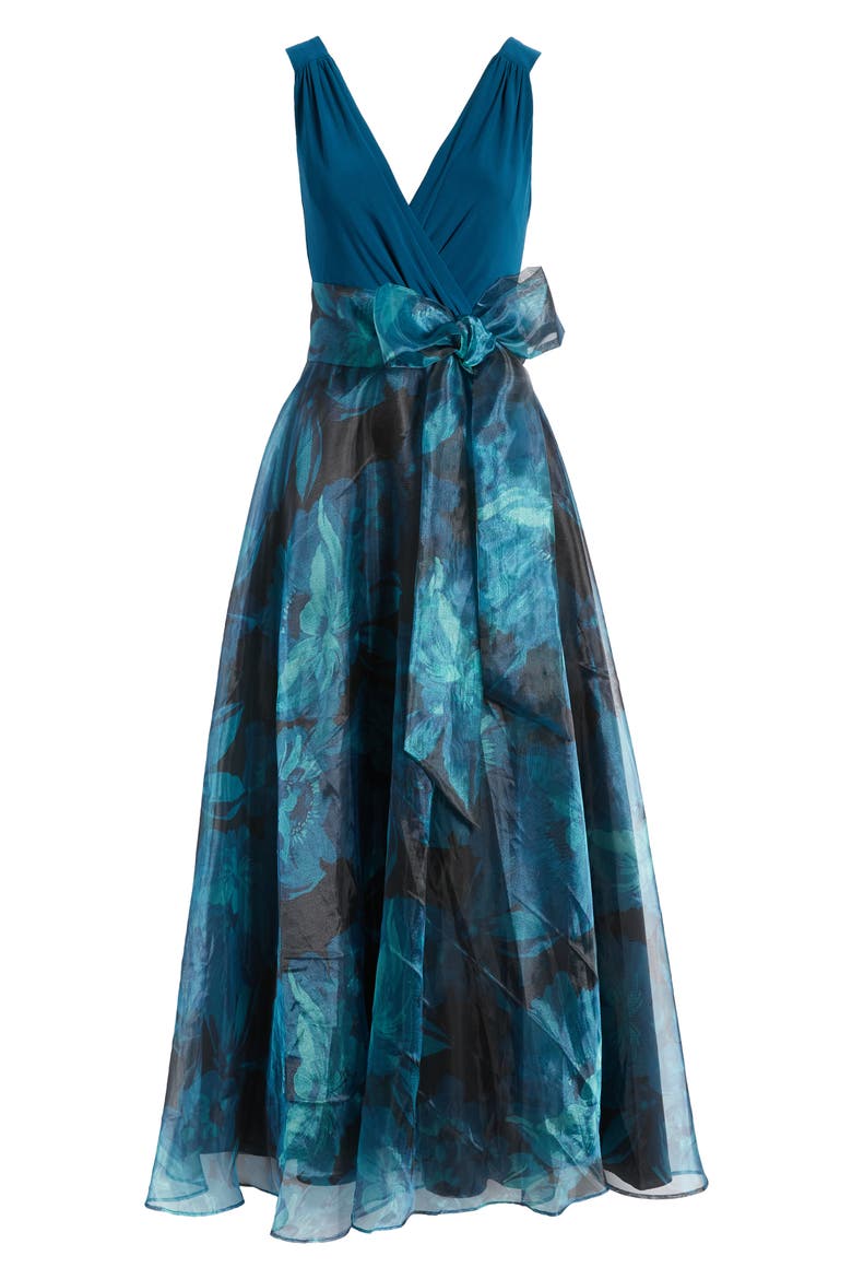 Mixed Media Sleeveless A-Line Gown, Alternate, color, TEAL