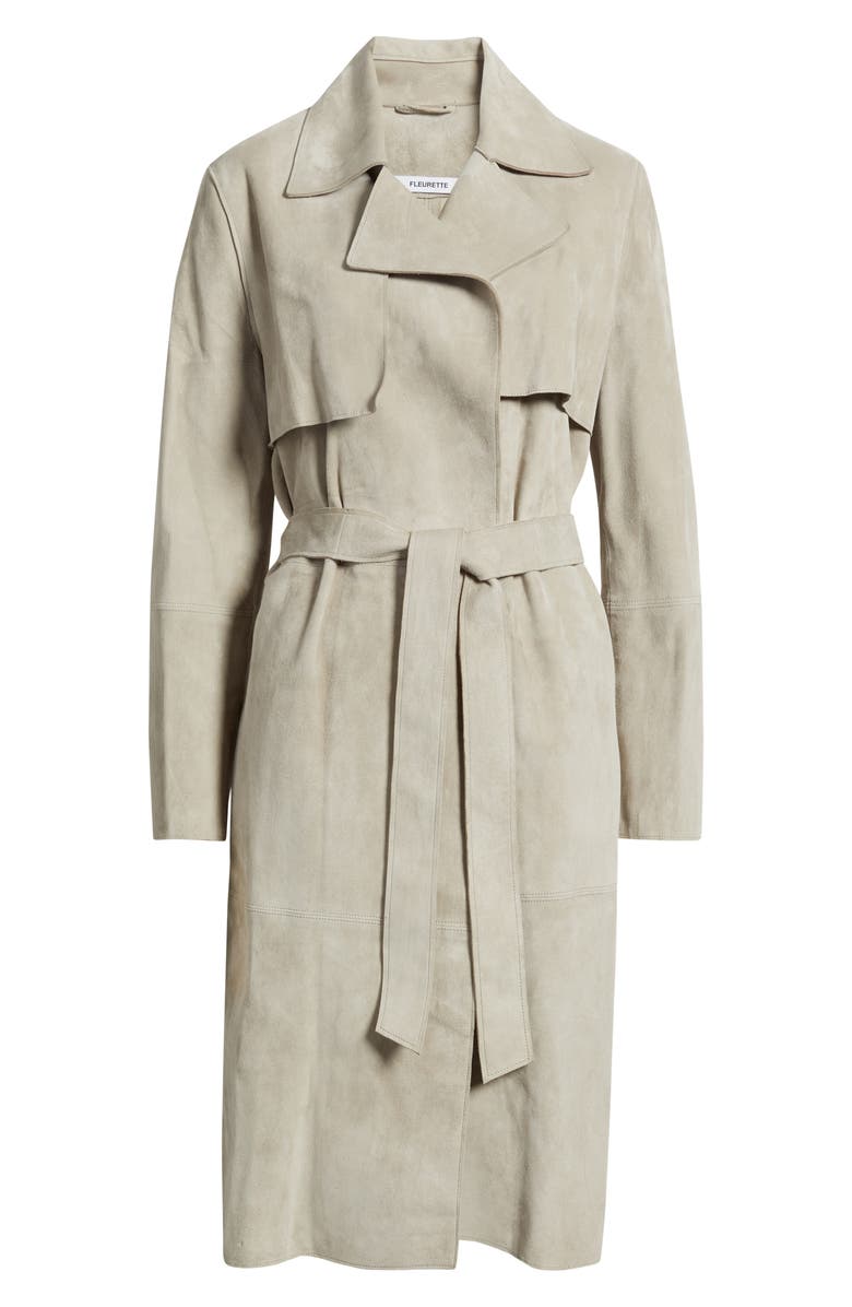 Fleurette Sylvie Suede Wrap Trench Coat, Alternate, color, Fawn