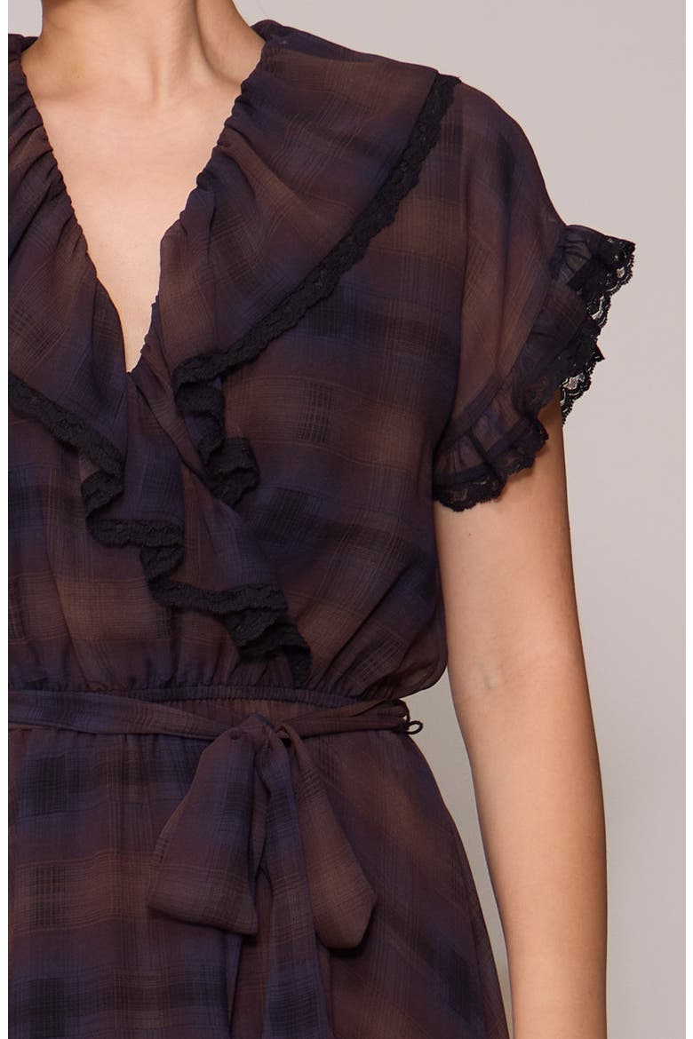 Lace Trim Plaid Midi Dress, Alternate, color, BROWN/ NAVY PLAID
