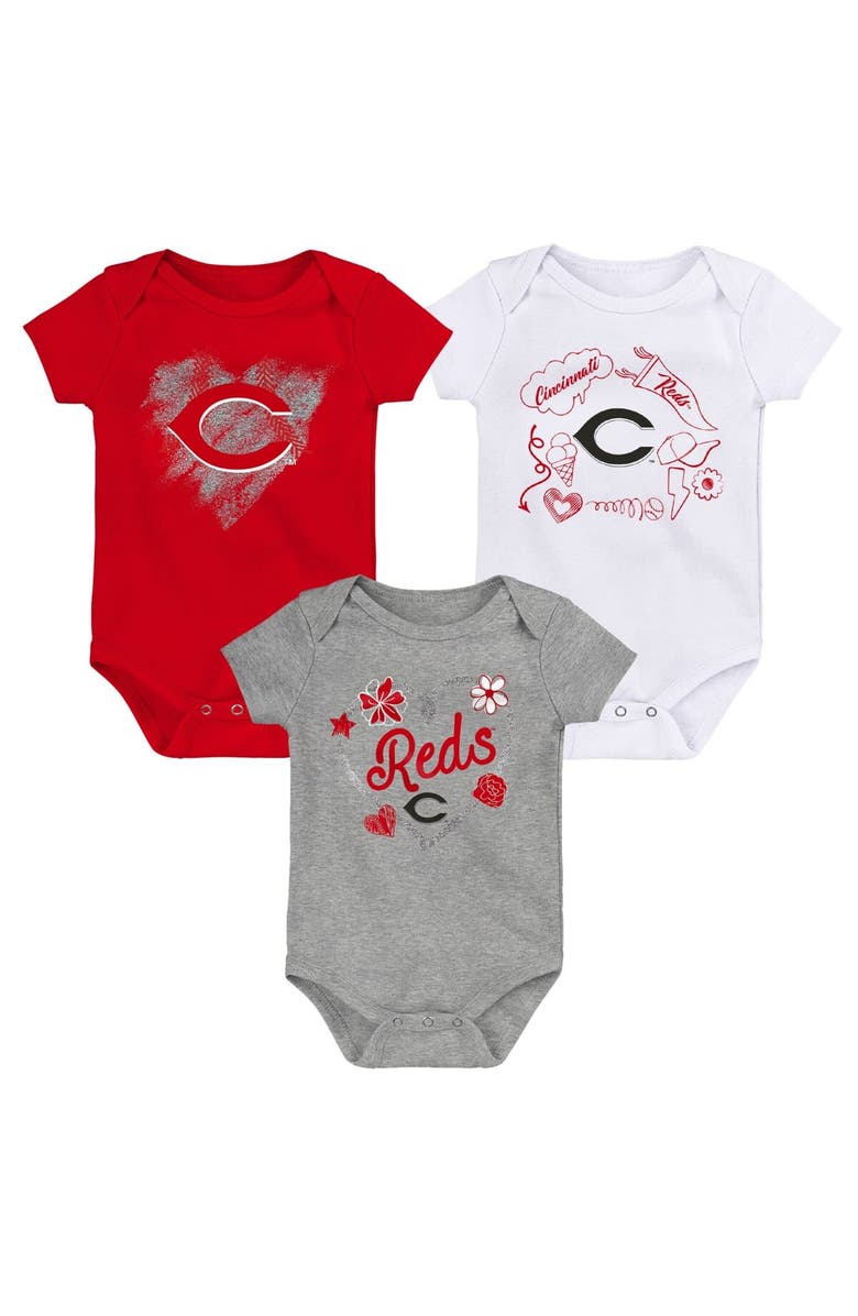 Outerstuff Infant White/Red/Gray Cincinnati Reds Batter Up 3-Pack Bodysuit Set, Alternate, color, White