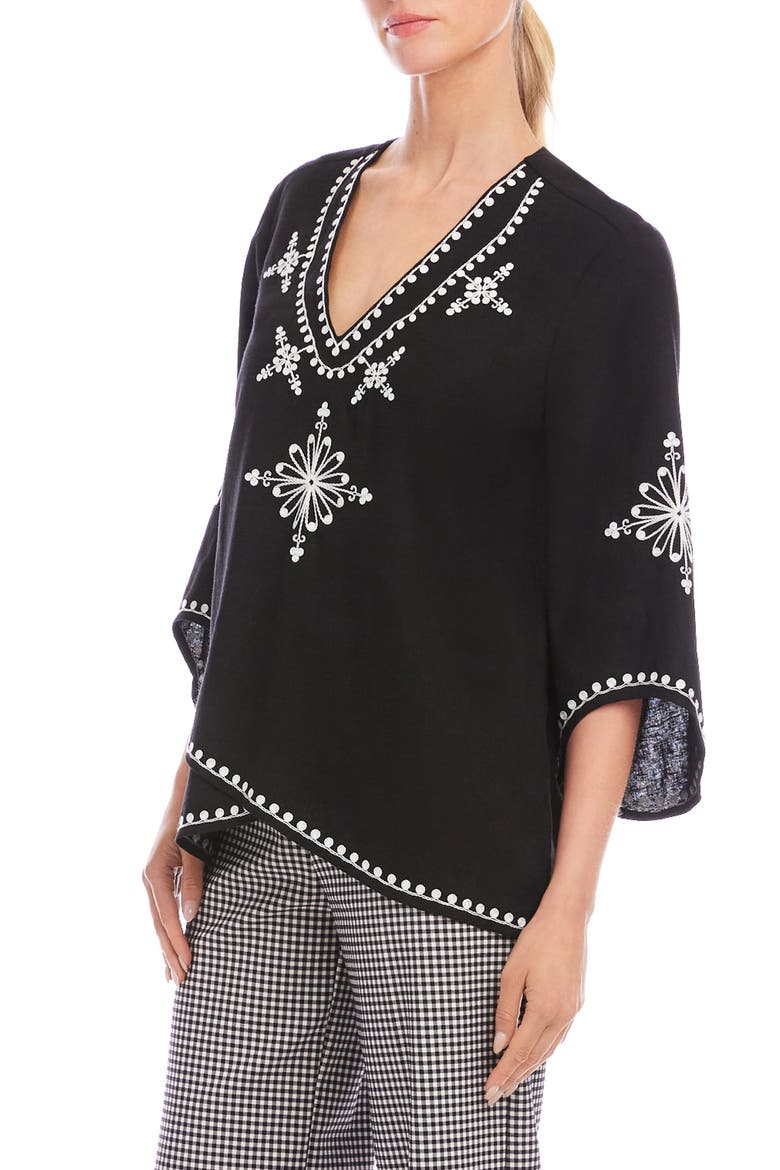 Embroidered Asymmetric Hem Linen Blend Top, Alternate, color, BLACK