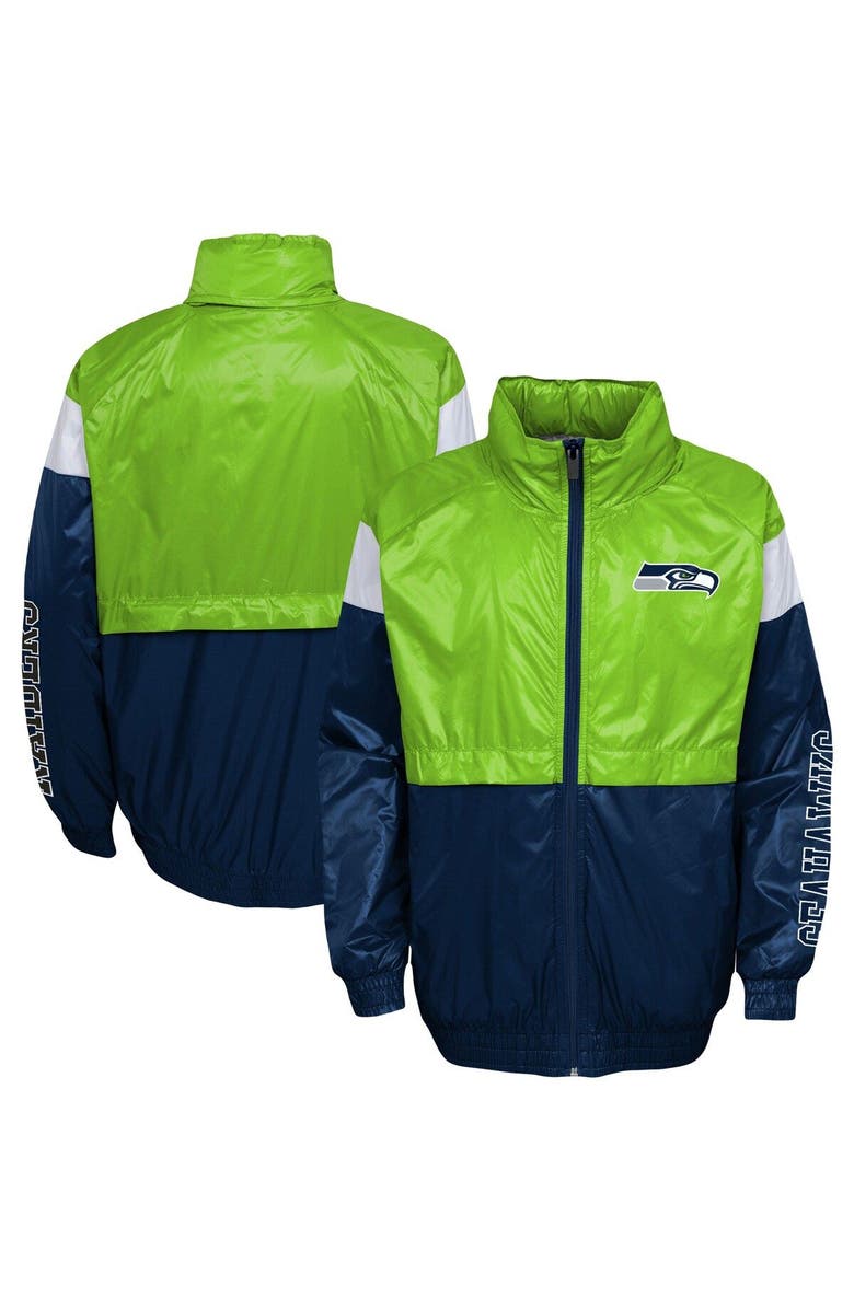 Outerstuff Youth Neon Green/College Navy Seattle Seahawks Goal Line Stance Full-Zip Hoodie Windbreaker, Main, color, Neon Green