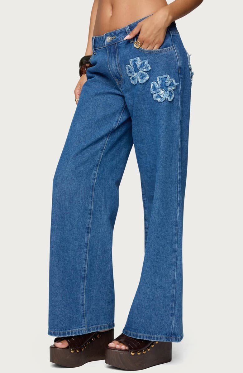 EDIKTED Flower Patch Low Rise Wide Leg Jeans, Alternate, color, Blue