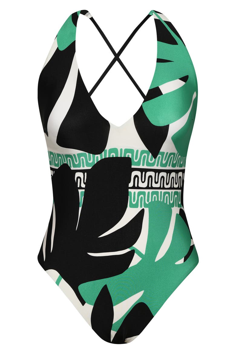 Monstera Plunge One-Piece Swimsuit, Alternate, color, GREEN MULTI