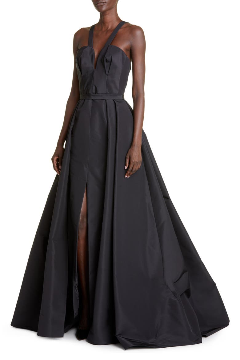 Plunge Neck Gown with Removable Overskirt, Alternate, color, BLACK