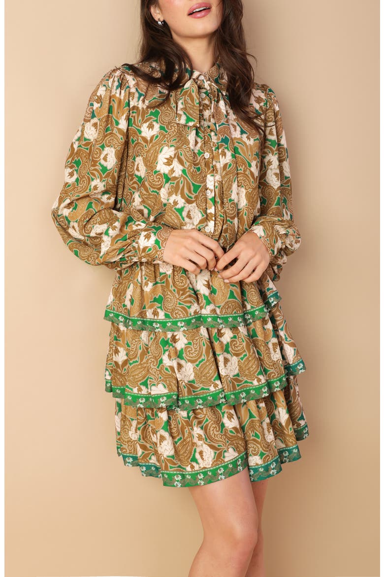 Print Long Sleeve Minidress, Alternate, color, GREEN BROWN