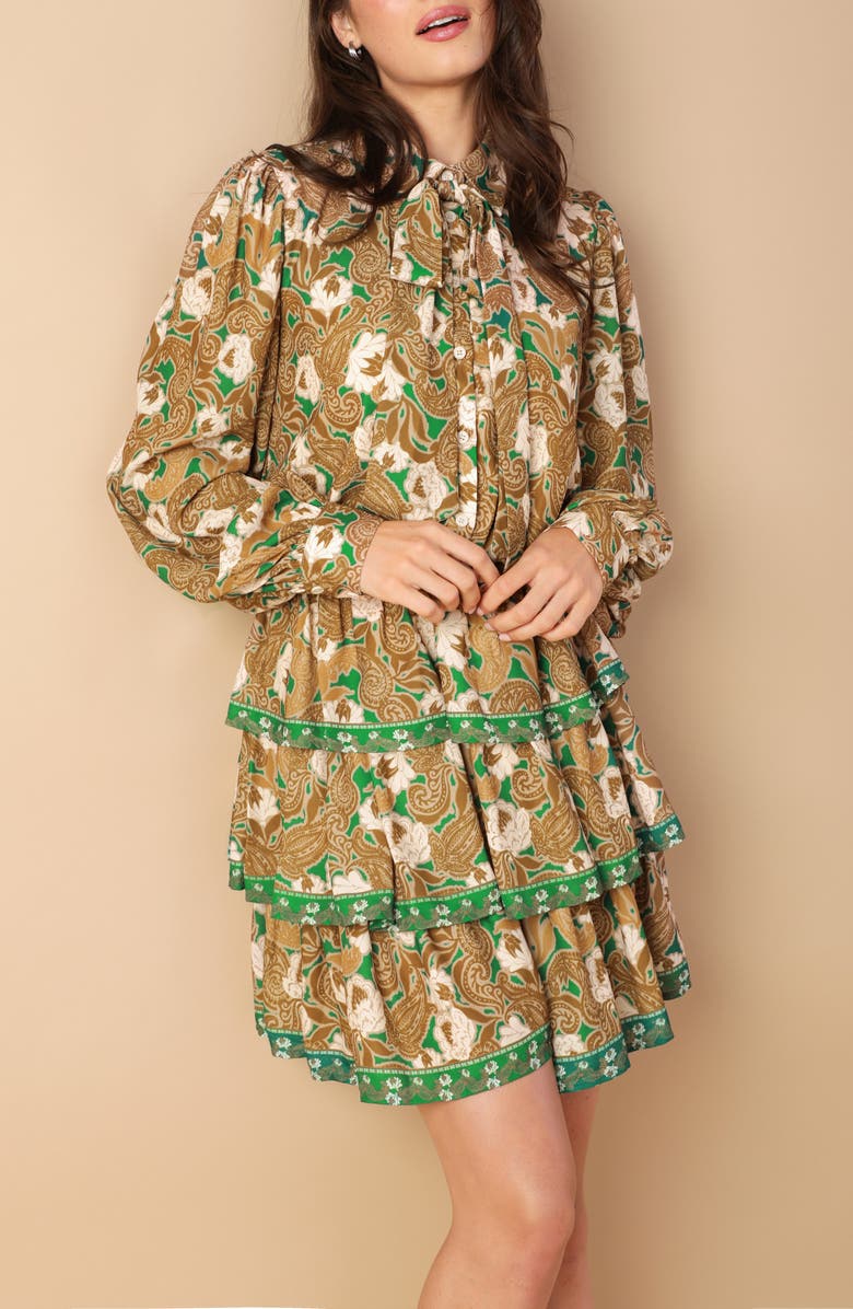 FLYING TOMATO Print Long Sleeve Minidress, Alternate, color, Green Brown