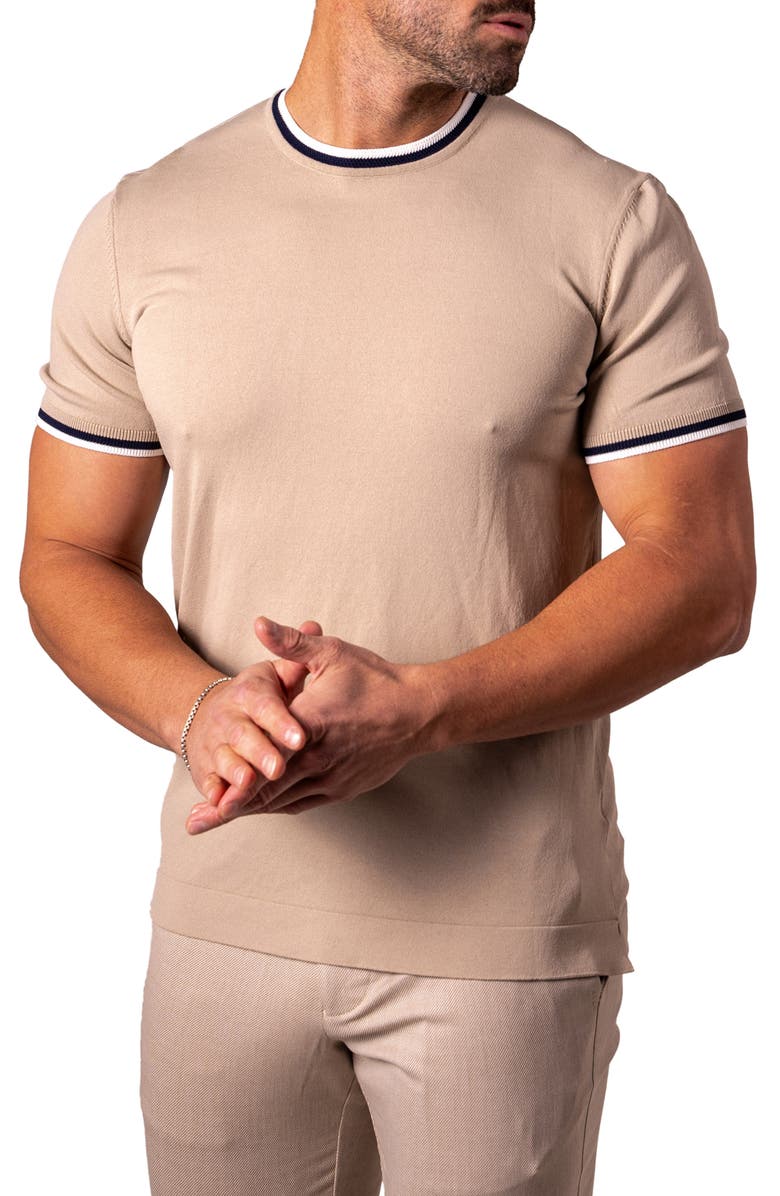 Maceoo Tipped Short Sleeve Sweater, Alternate, color, Light Brown