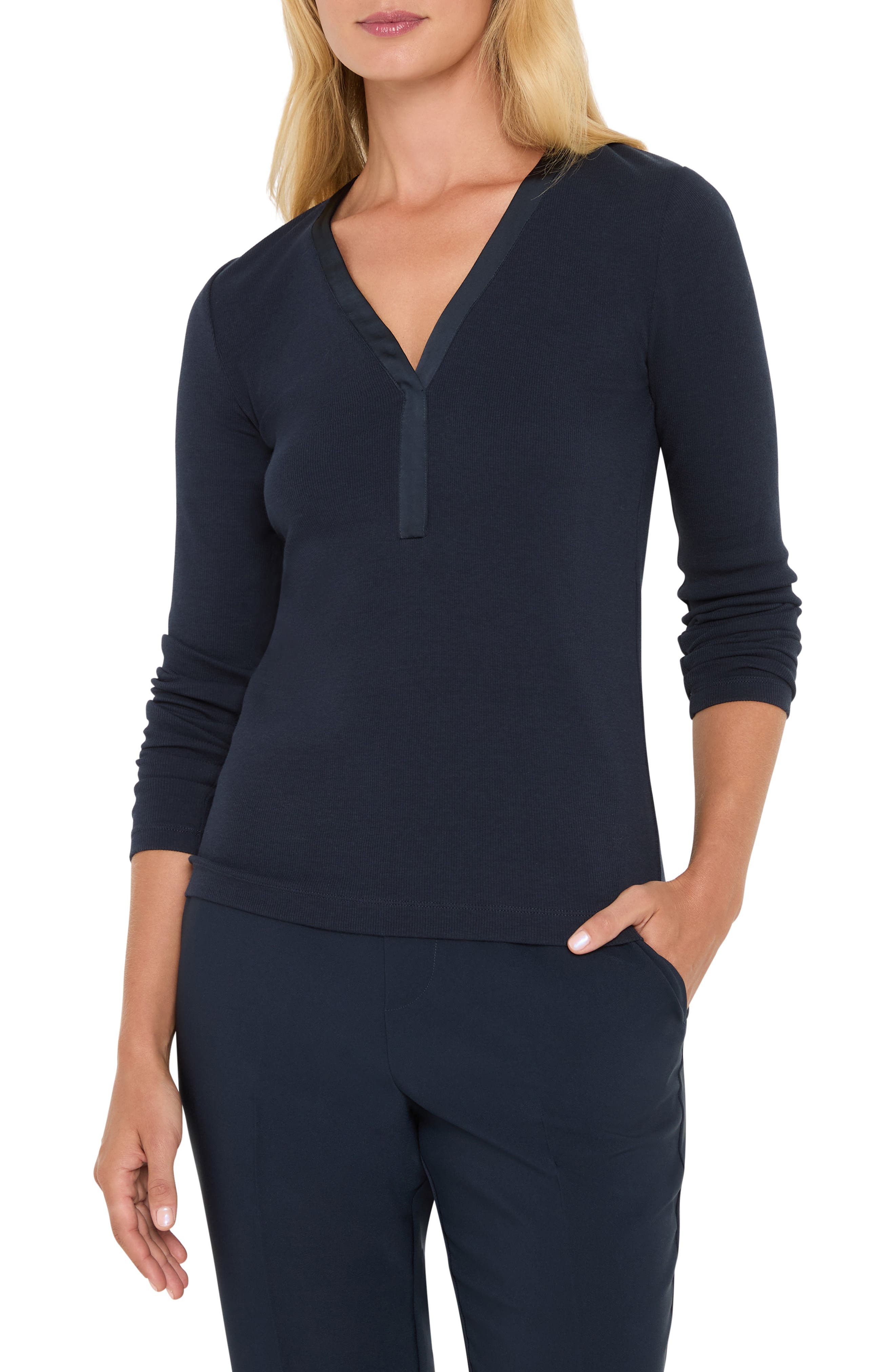 NIC+ZOE Trimmed Knit Rib V-Neck Top