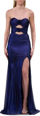 La Femme Cut Out Strapless Prom Dress with Rosette Front Detail