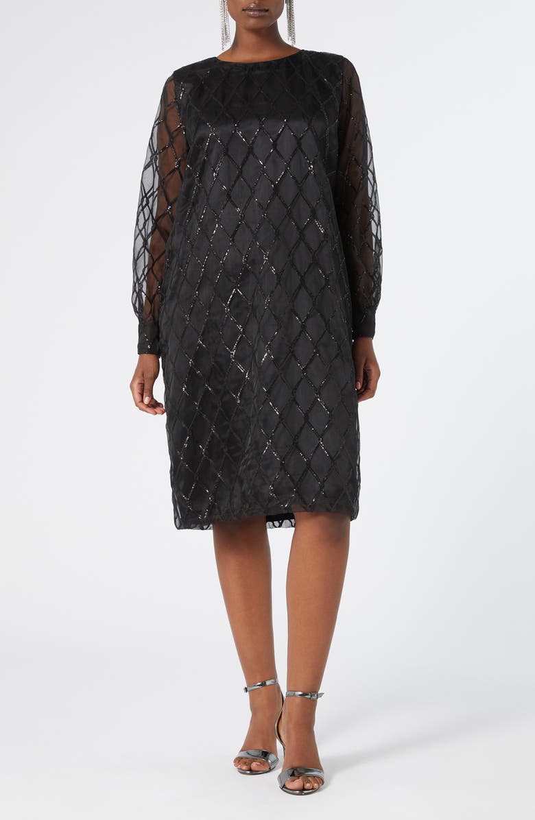 Marina Rinaldi Aderire Sequin Diamond Pattern Long Sleeve Silk Dress, Main, color, Black