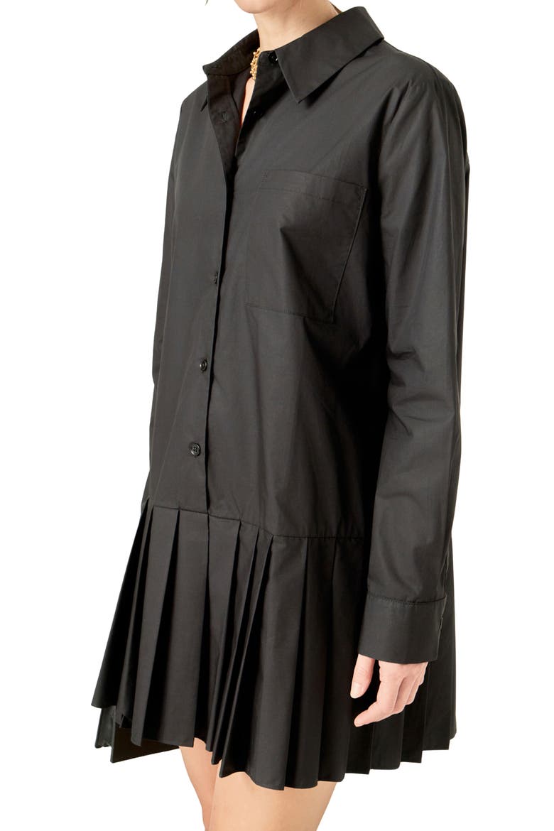 Pleated Long Sleeve Shirtdress, Alternate, color, BLACK