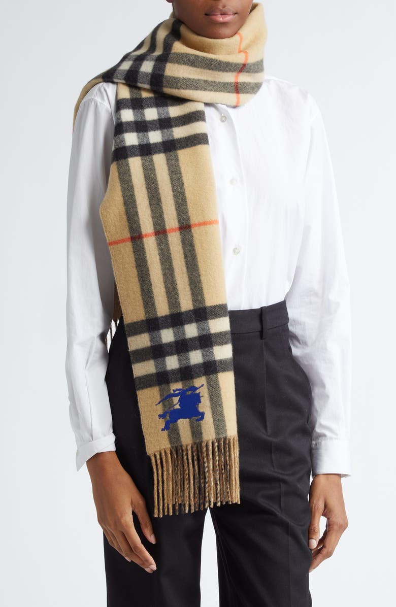 Burberry Equestrian Knight Design Check Reversible Fringe Cashmere Scarf, Alternate, color, Sand