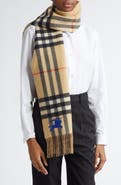 Burberry Equestrian Knight Design Check Reversible Fringe Cashmere Scarf