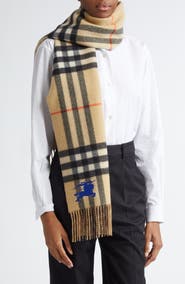 Burberry Equestrian Knight Design Check Reversible Fringe Cashmere Scarf