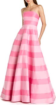 Mac Duggal Petite Pink Striped Satin Strapless Ballgown With Pockets