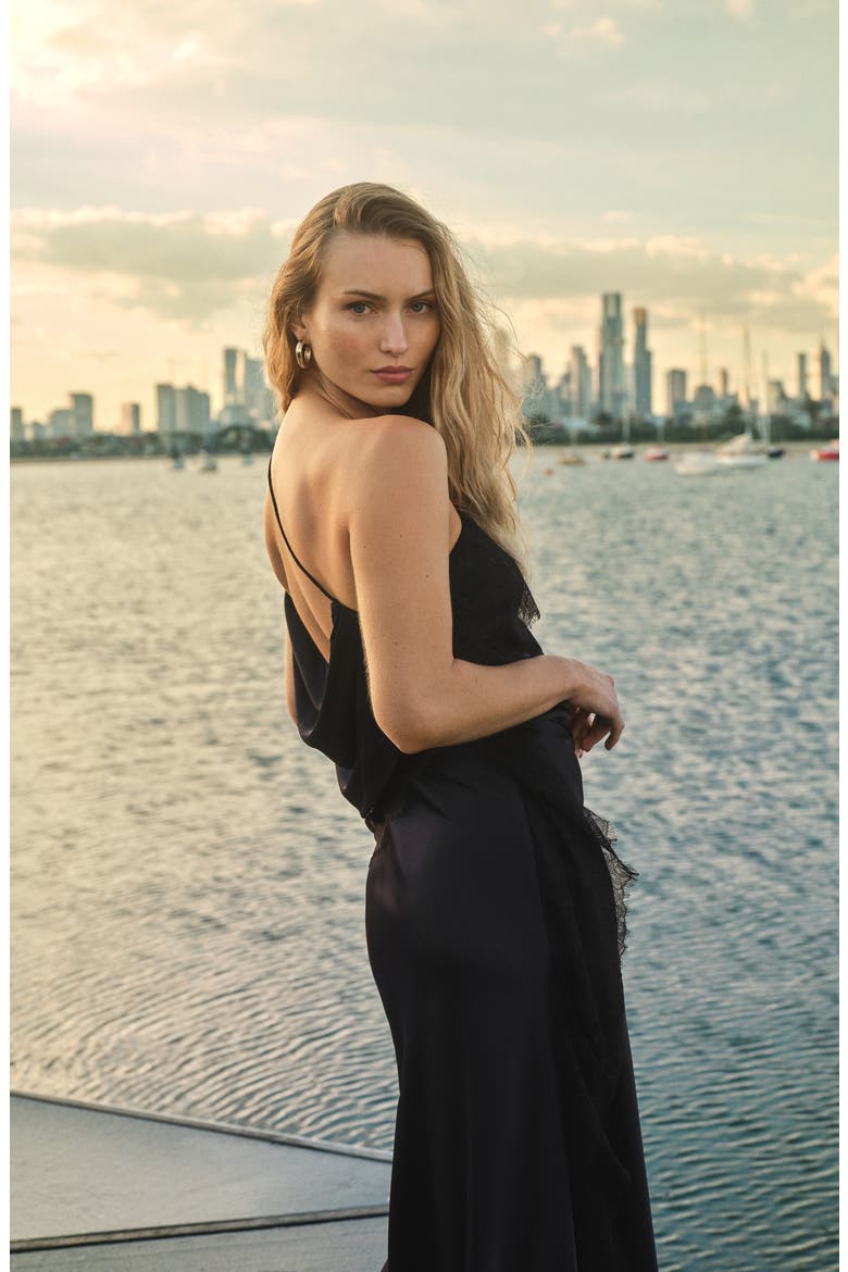 Sylvie Asymmetric Satin Gown, Alternate, color, NAVY
