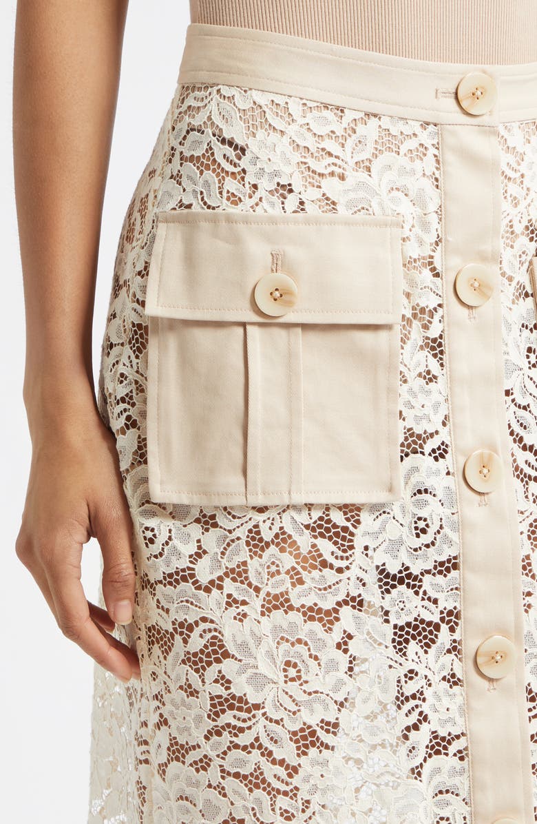 L'AGENCE Shae Mixed Media Cotton Blend Lace Skirt, Alternate, color, Biscuit/ Ecru