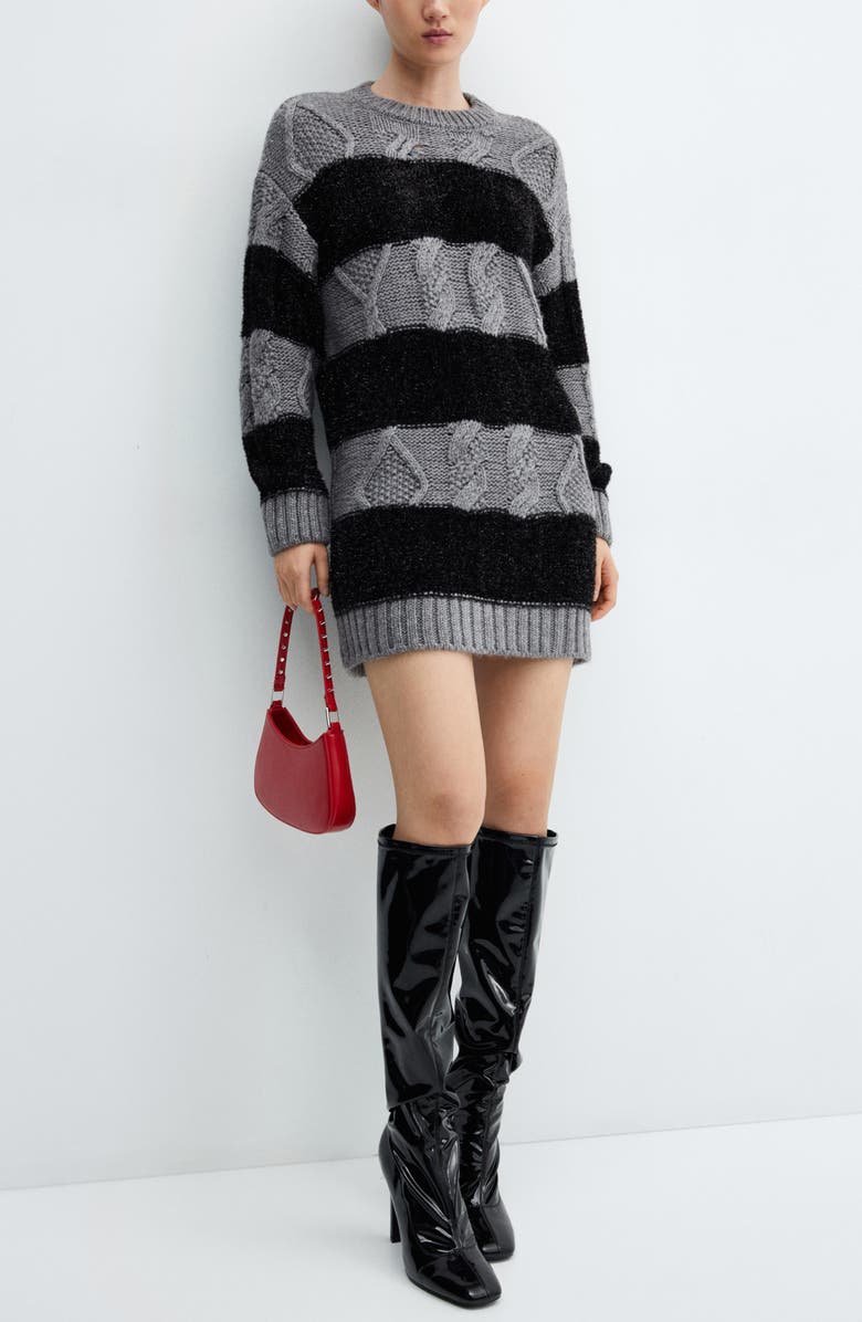 MANGO Metallic Stripe Cable Long Sleeve Sweater Dress, Alternate, color, 