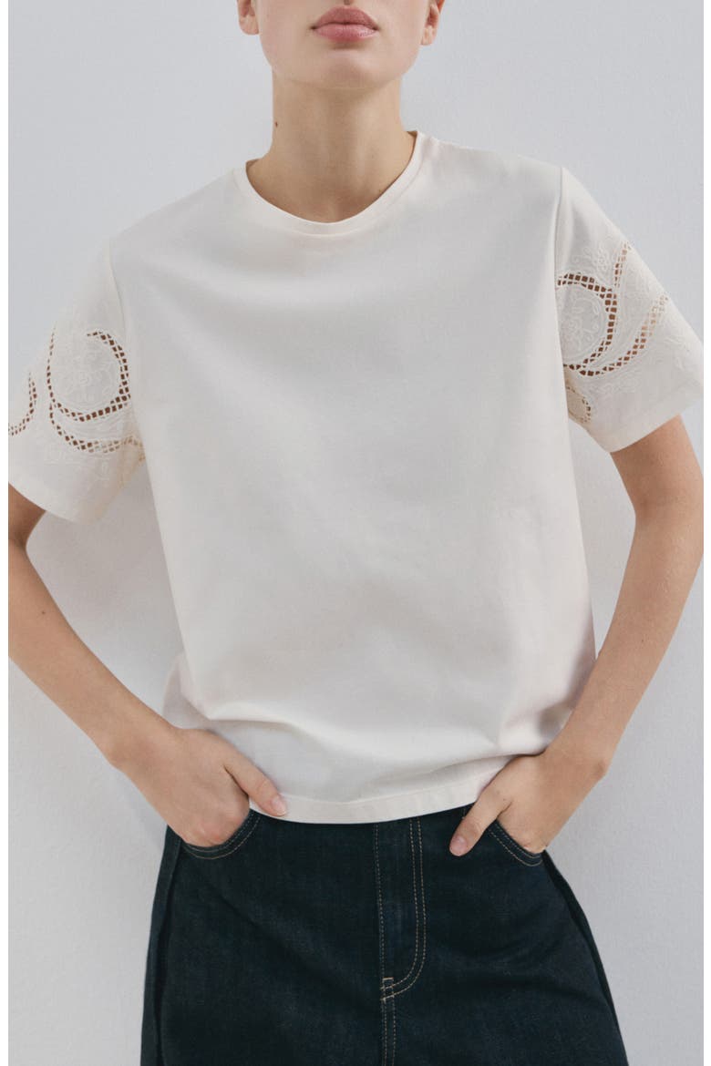Openwork Embroidered Cotton T-Shirt, Main, color, ECRU