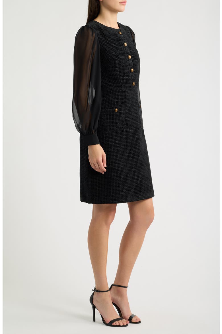 Long Sleeve Mixed Media Sheath Dress, Alternate, color, BLACK