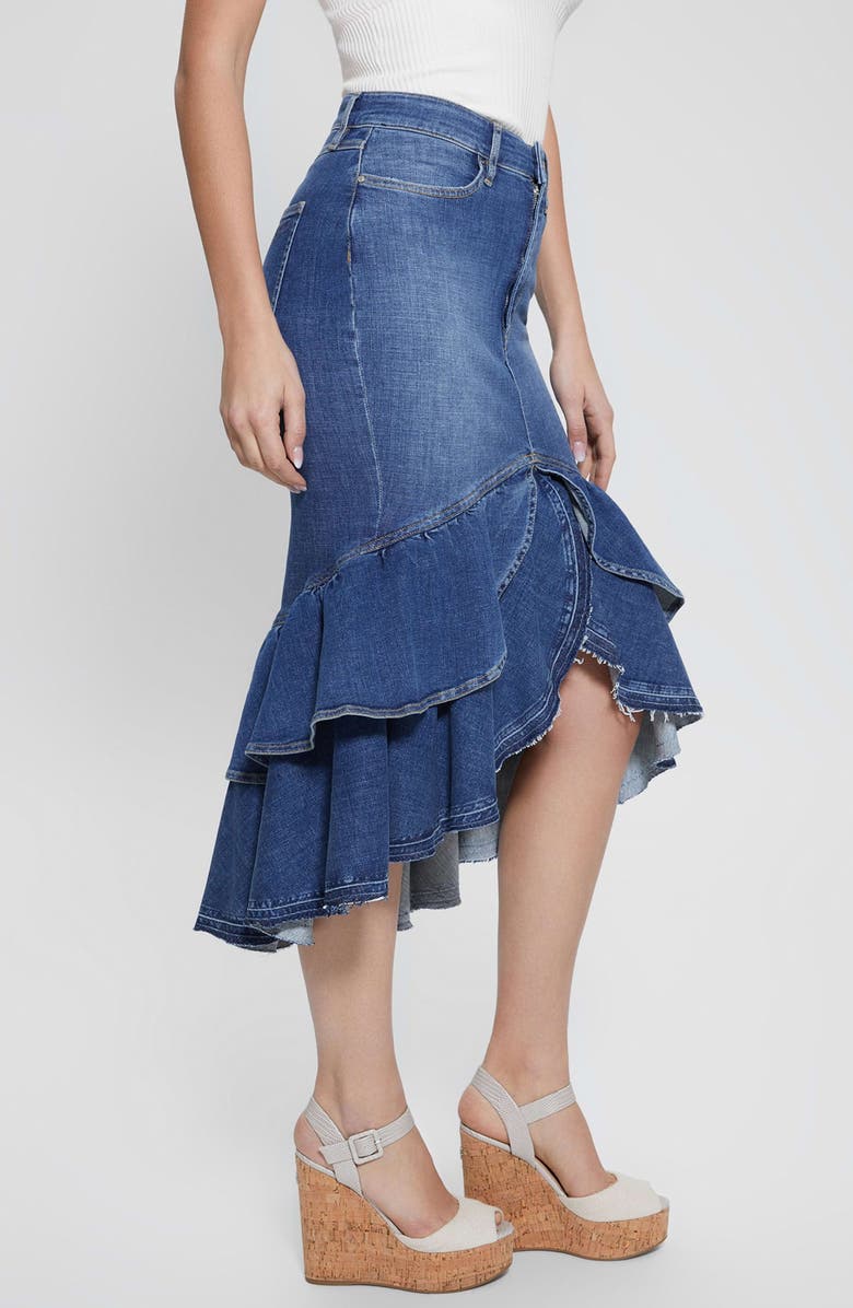 GUESS Marina Tiered Ruffle Denim Skirt, Alternate, color, 