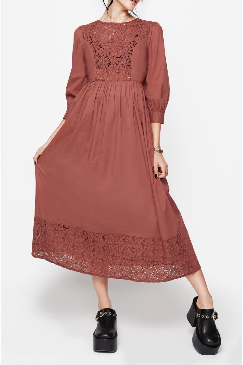 Cavern Cotton Broderie Midi Dress, Alternate, color, Red