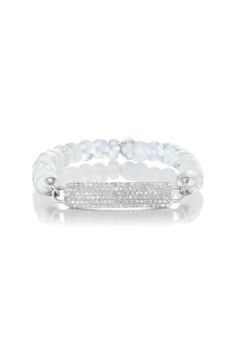 Small Diamond Id Tag On Rainbow Moonstone Bead Bracelet, Main, color, White / Sterling Silver