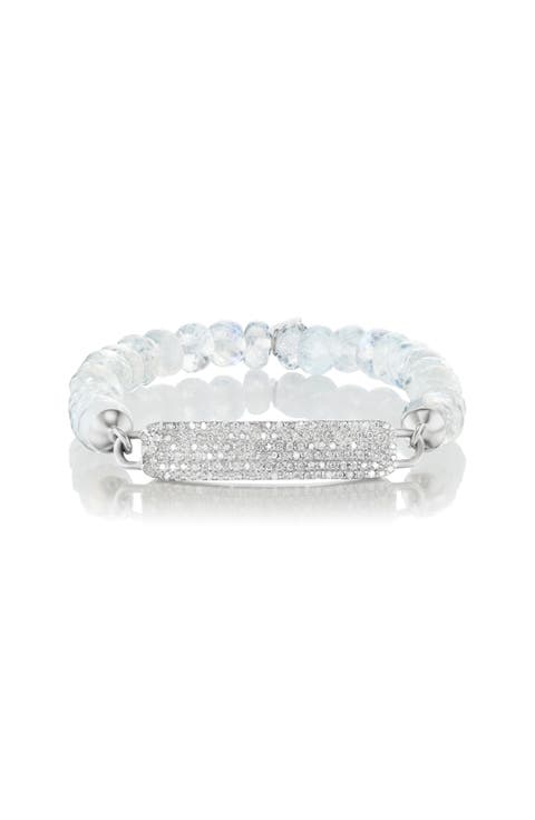 Small Diamond Id Tag On Rainbow Moonstone Bead Bracelet