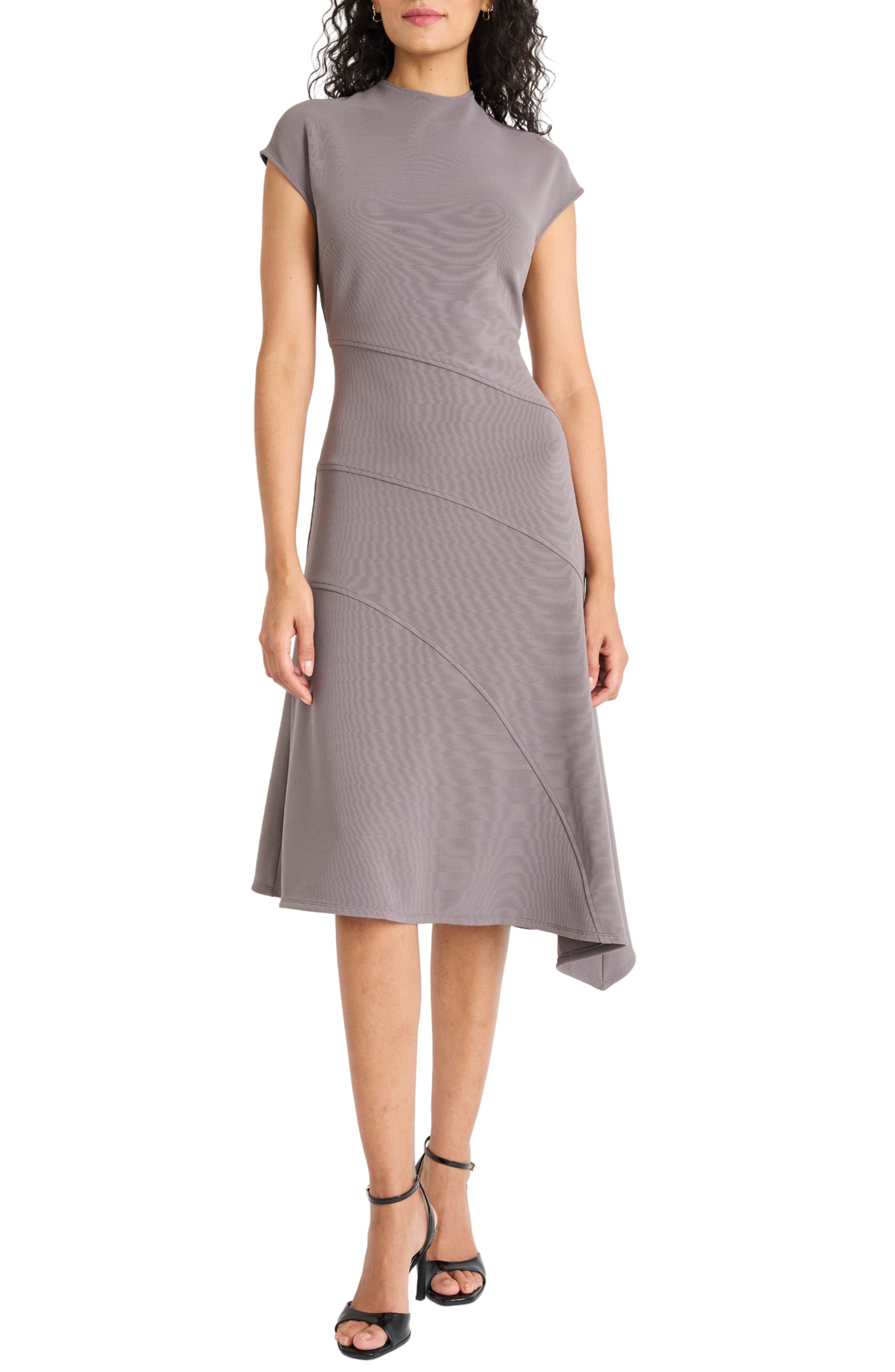 Maggy London Mock Neck Cap Sleeve Asymmetric Hem A-Line Dress