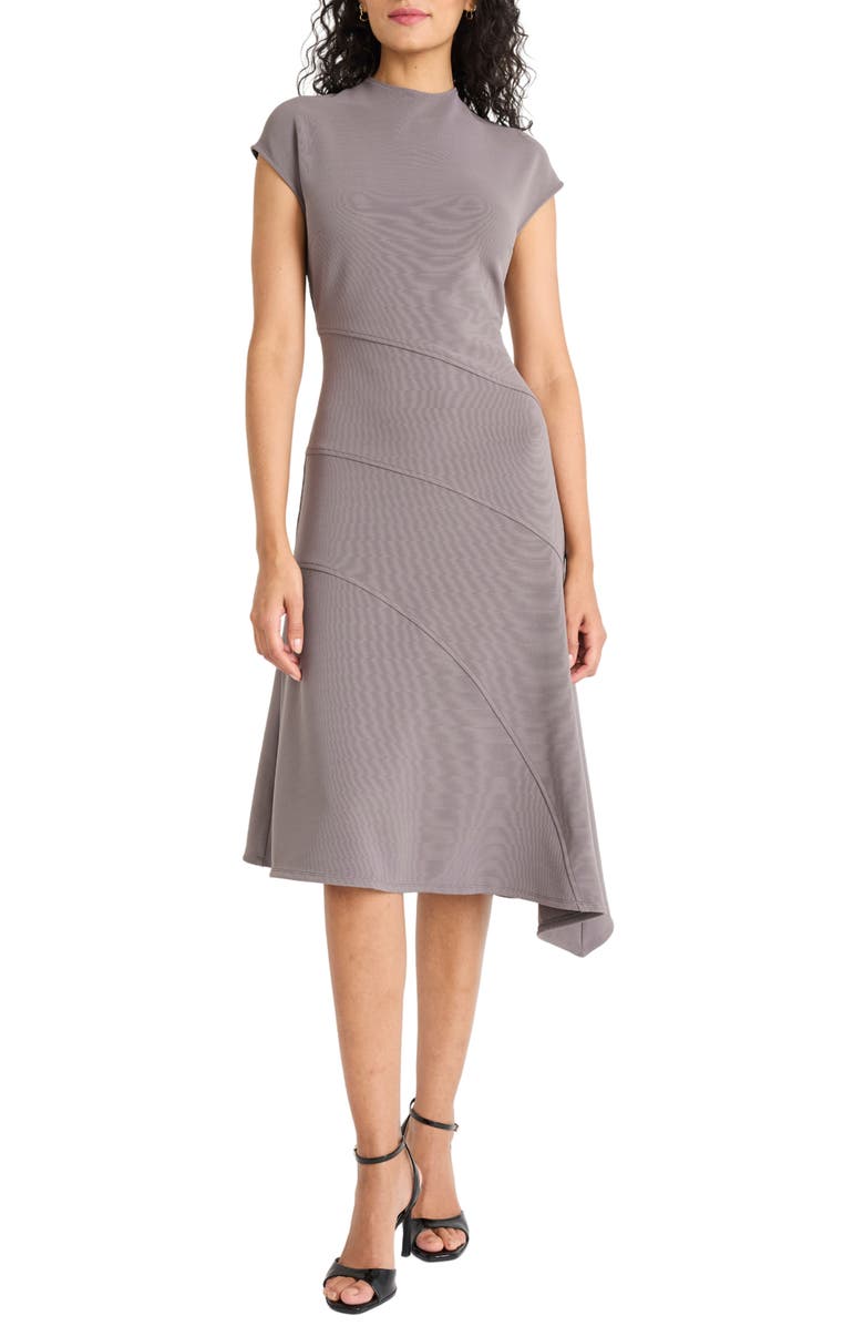 Maggy London Mock Neck Cap Sleeve Asymmetric Hem A-Line Dress, Main, color, Volcanic Glass