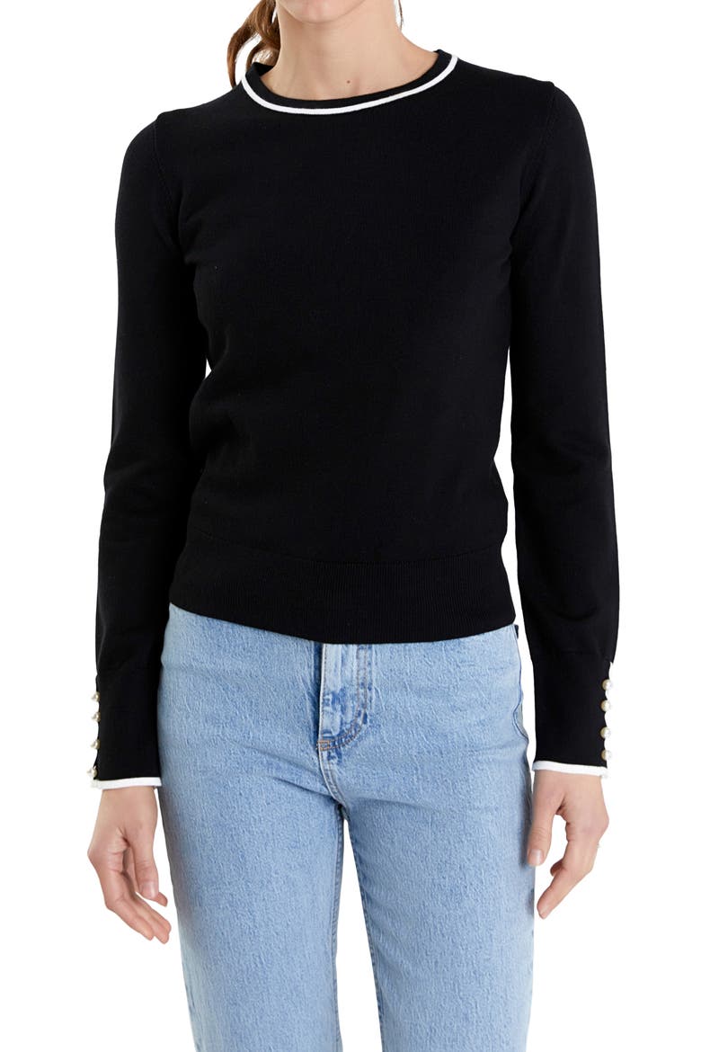 Button Detail Tipped Sweater, Alternate, color, BLACK/ WHITE