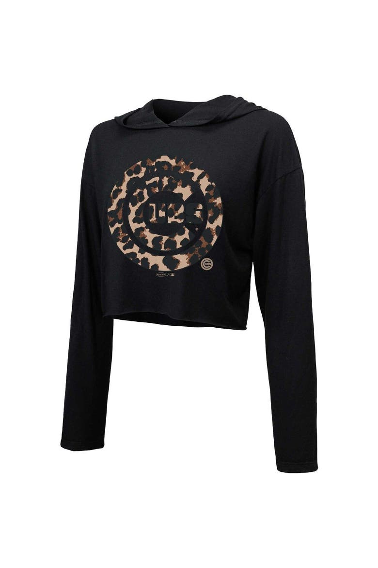 Women's Majestic Threads Black Chicago Cubs Leopard Cropped Hoodie, Alternate, color, Black