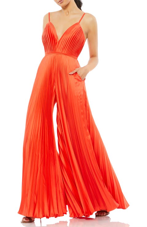 Pleated Plunge Neck Wide Leg Jumpsuit