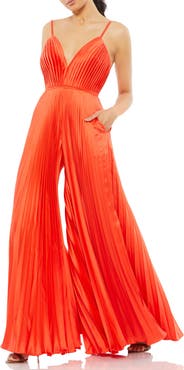 Mac Duggal Pleated Plunge Neck Wide Leg Jumpsuit