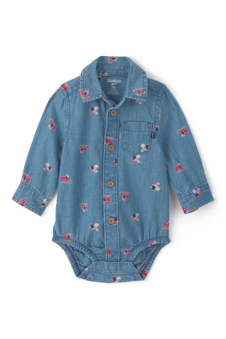 Long Sleeve Cotton Chambray Bodysuit, Main, color, CHAMBRAY SNOW BODYSUIT