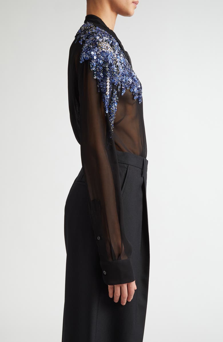 Dries Van Noten Chowy Sequin Embellished Sheer Chiffon Button-Up Shirt, Alternate, color, Black