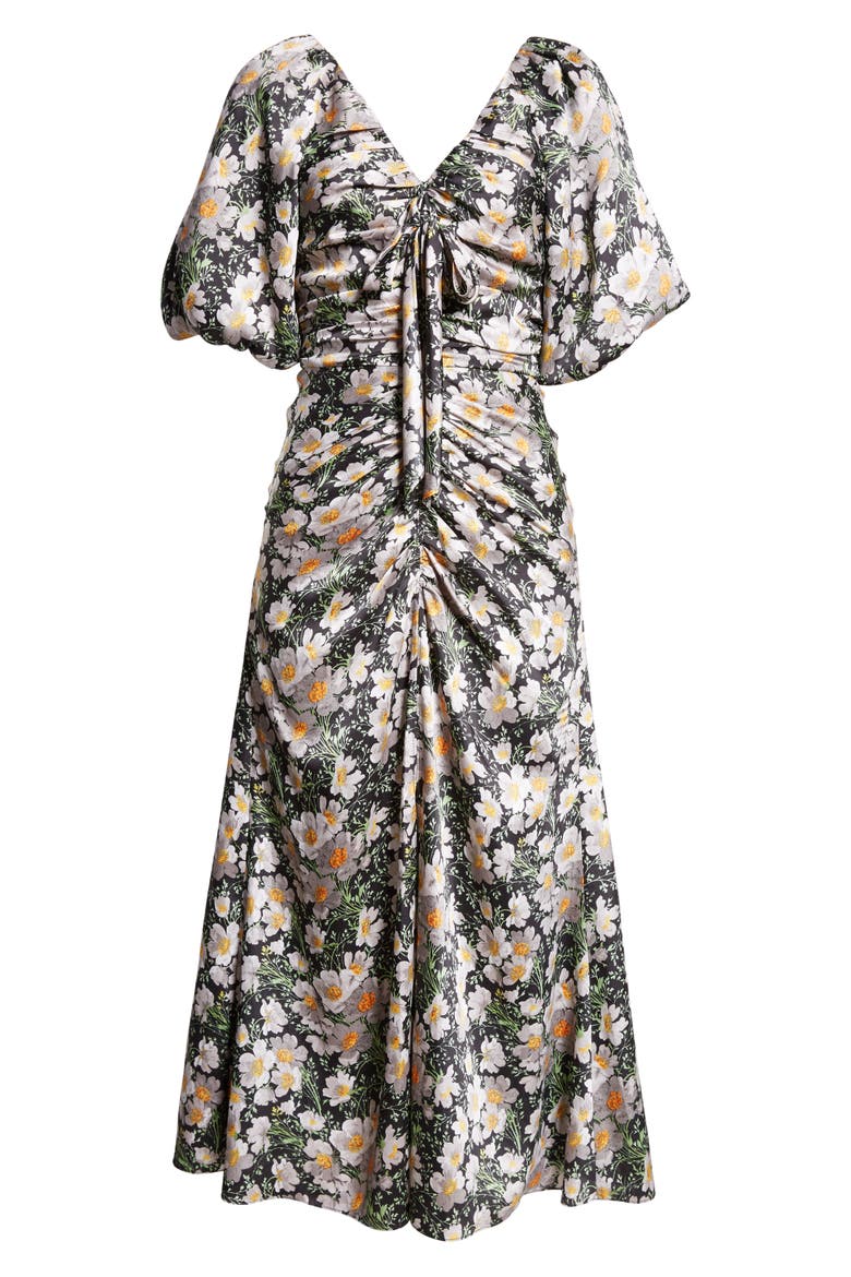 Brenton Cosmo Flower Puff Sleeve Ruched Midi Dress, Alternate, color, BLACK/ LONDON FOG