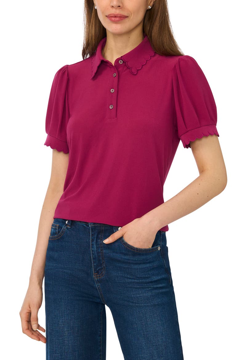 Puff Sleeve Polo Shirt, Main, color, VIVID PLUM