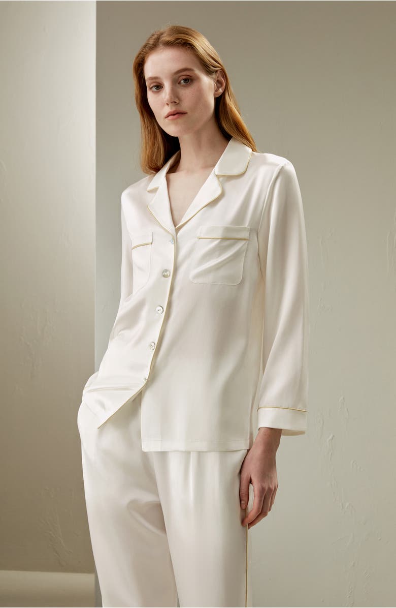 Lilysilk Gold Piping Silk Pajamas Set, Alternate, color, Natural White