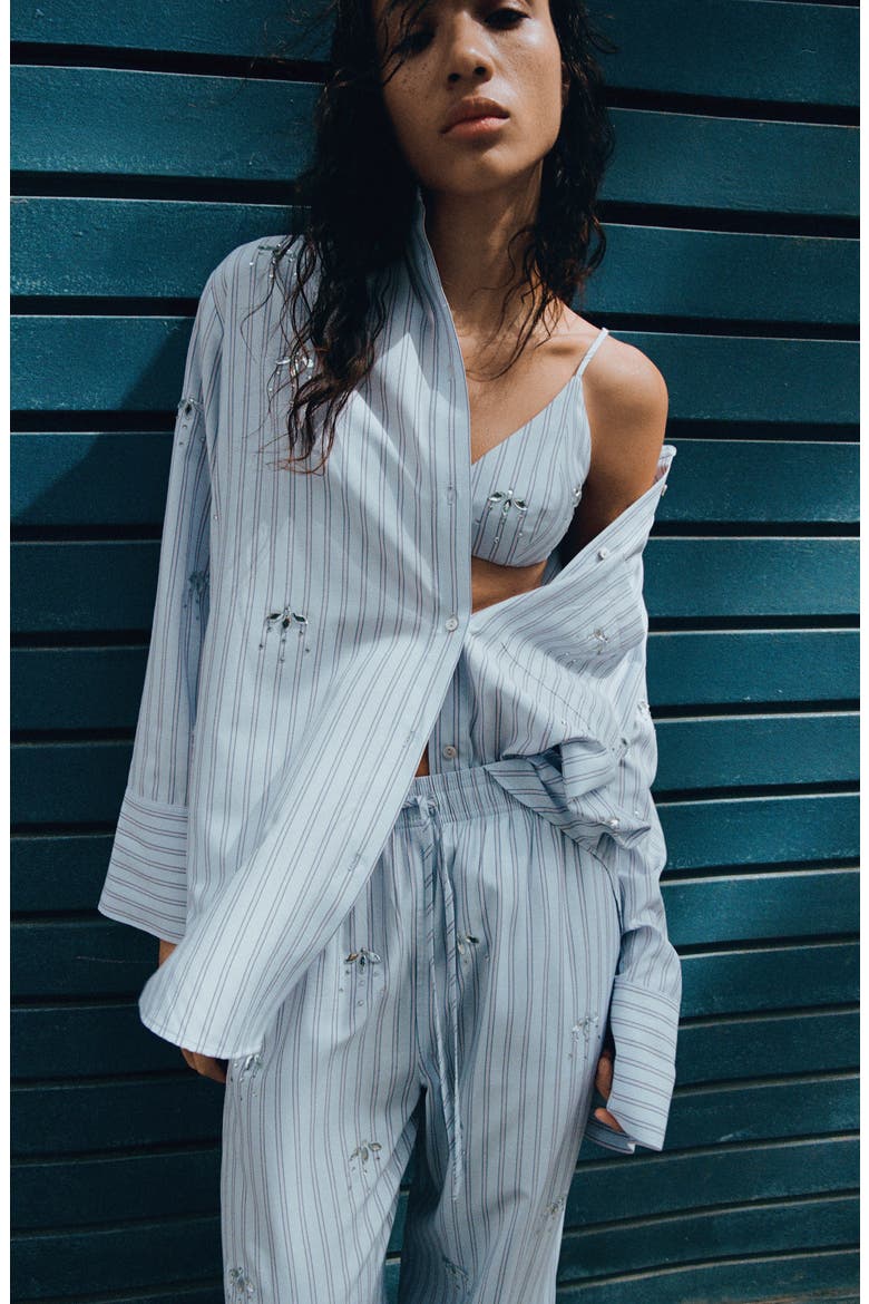 Crystal Embellished Stripe Button-Up Shirt, Alternate, color, SKY BLUE